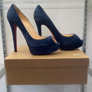 Louboutin Banana 140 Veau Velours navy blue suede platform open toe stilettos